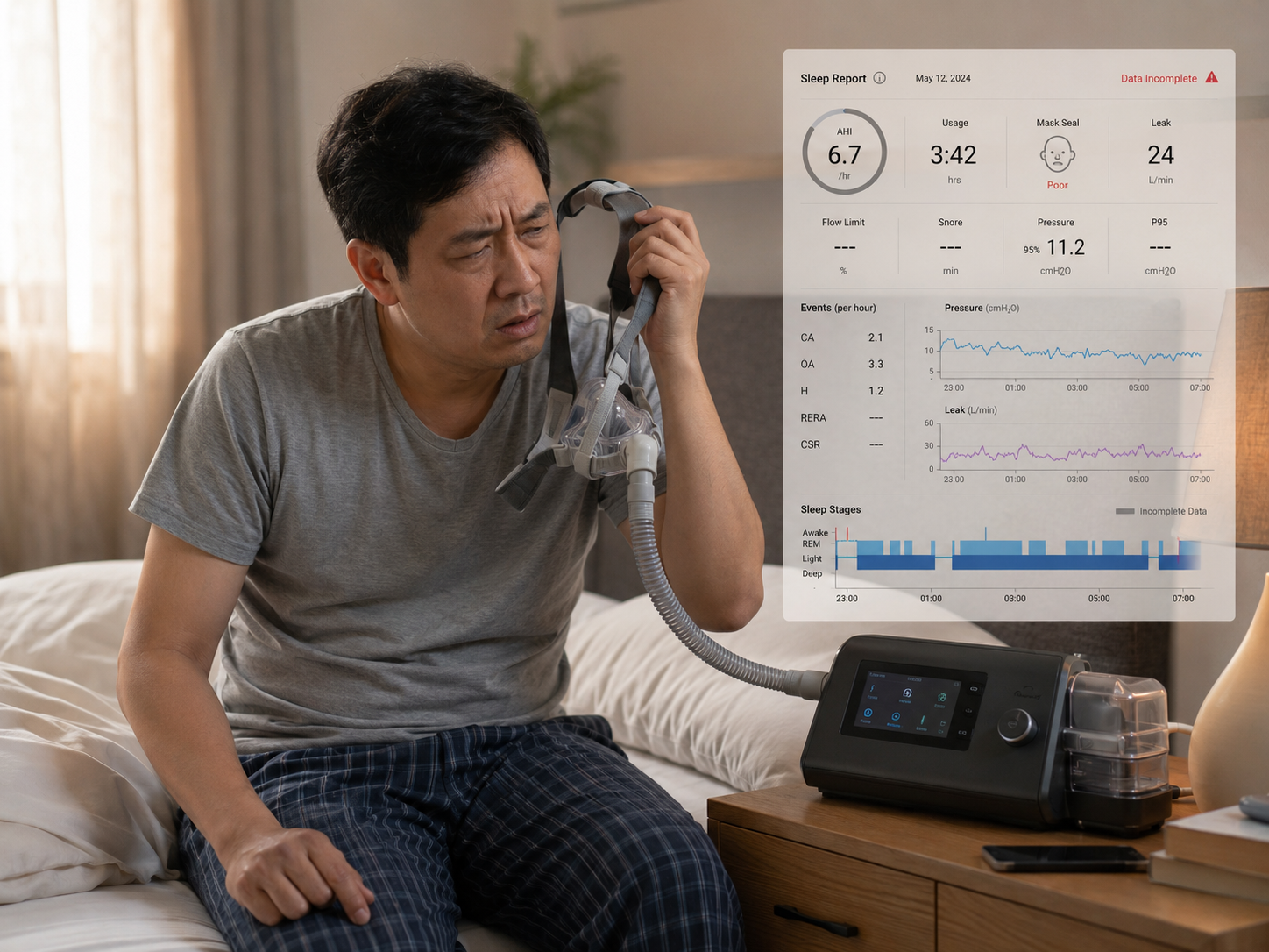 一位呼吸机用户早晨查看睡眠报告，对面罩和数据感到困惑